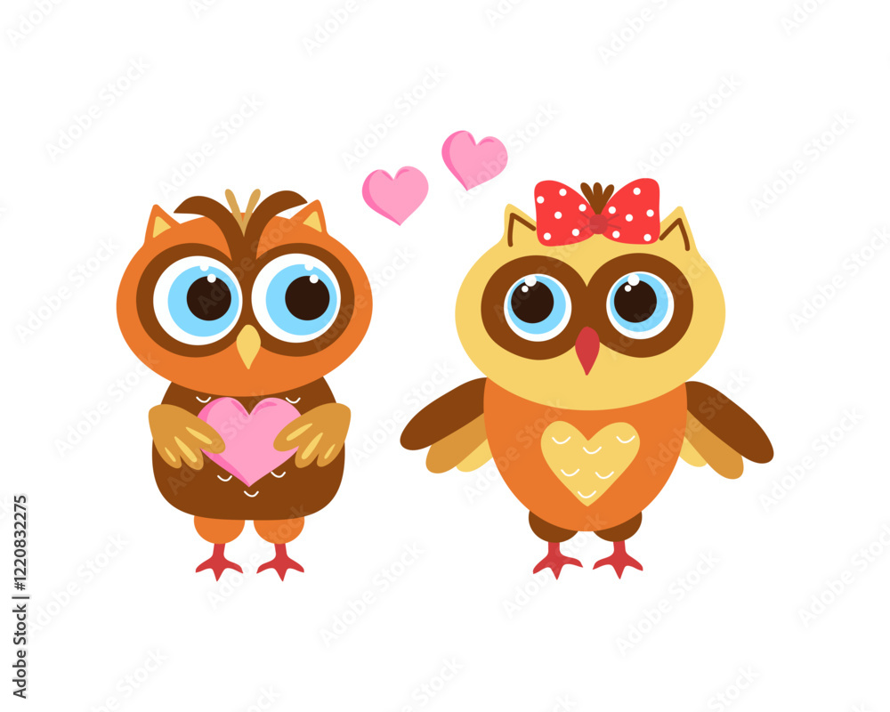 A couple of cartoon owls with hearts. Cute colorful set of owls in love. Valentine's Day, birthday, wedding. A couple of cartoon owls with hearts. Cute colorful set of owls in love. Valentine's Day, birthday, wedding.