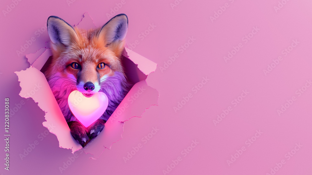 Obraz premium Fox With Pink Heart In Torn Pink Paper Setting