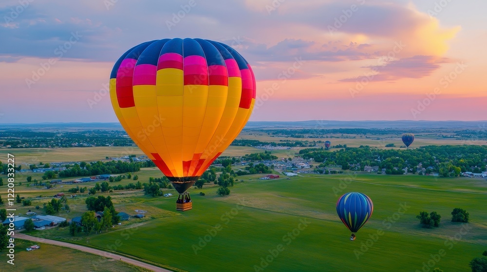 Fototapeta premium Colorful Hot Air Balloons Flying Over Scenic Landscape at Sunset