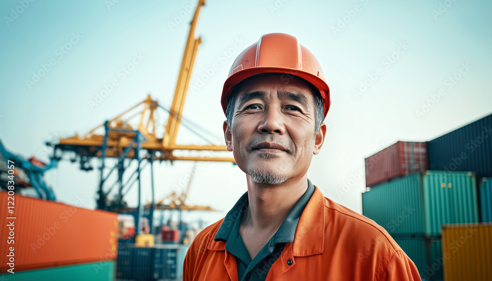 Asian male worker in hard hat at shipping yard with cargo containers and cranes Asian male worker in hard hat at shipping yard with cargo containers and cranes