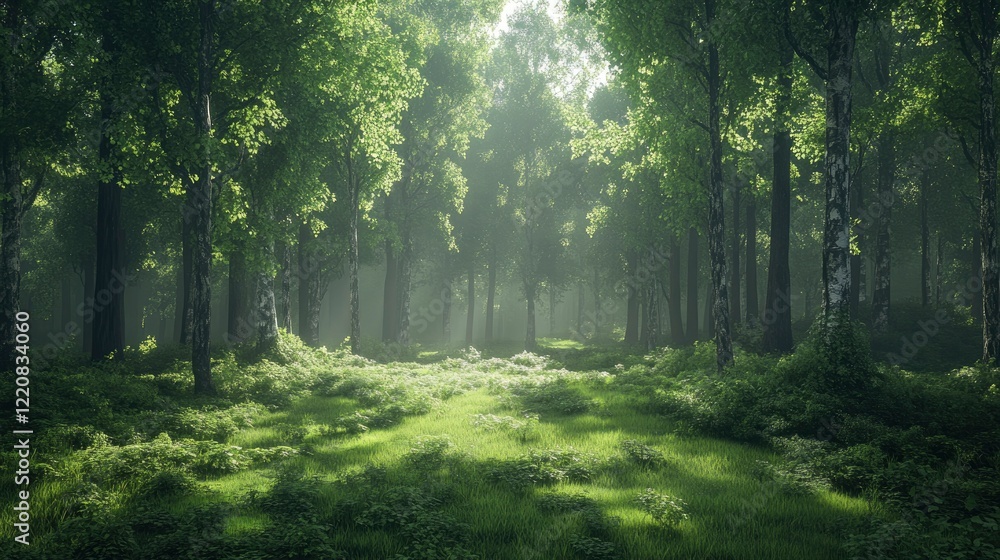 Obraz premium Lush green forest scene with sunlight filtering through trees, creating a serene and tranquil atmosphere