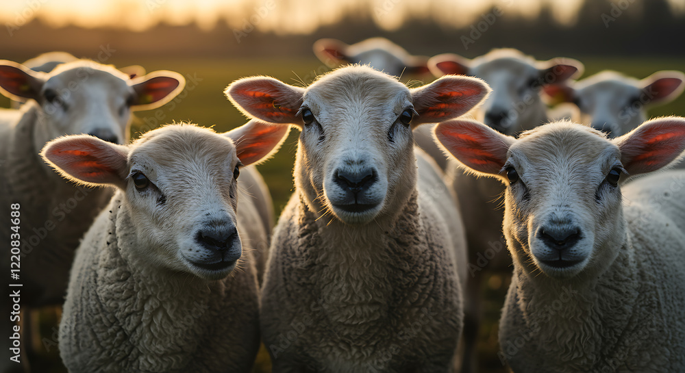 Fototapeta premium A captivating close-up of sheep bathed in the golden light of sunset, serenely gazing into the camera, showcasing the peaceful beauty of rural life and nature's tranquility.