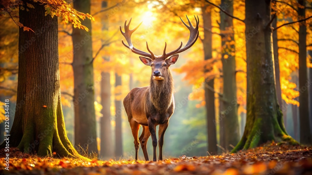 Fototapeta premium Majestic Male Deer in Autumn Forest - Wildlife Stock Photo