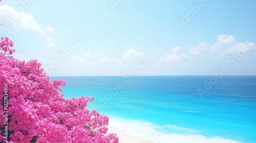 Pink bougainvillea blooms overlooking turquoise sea