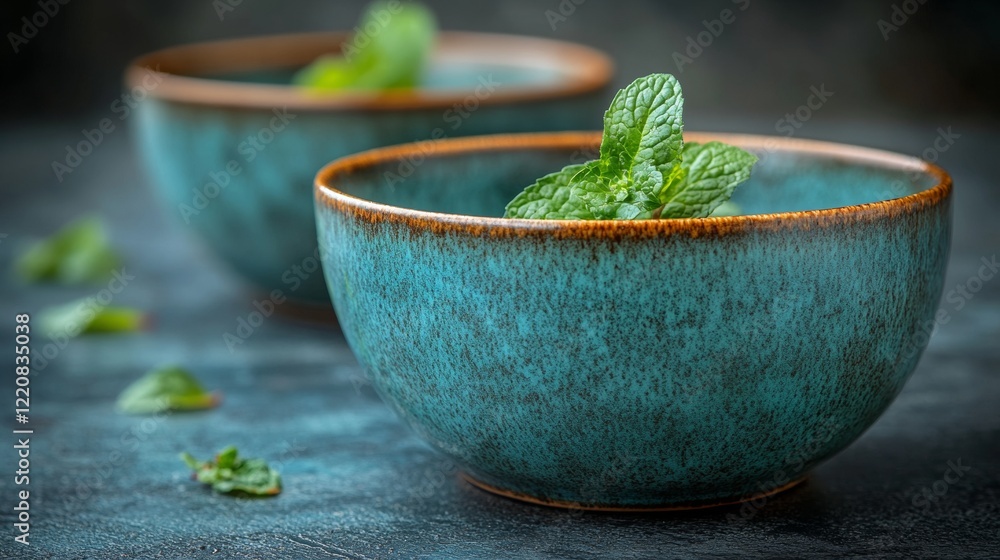Ceramic Cups with Mint Leaves on Rustic Table Ceramic Cups with Mint Leaves on Rustic Table