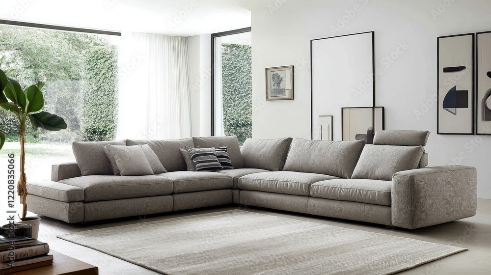 Minimalist living room with sectional sofa and area rug Minimalist living room with sectional sofa and area rug