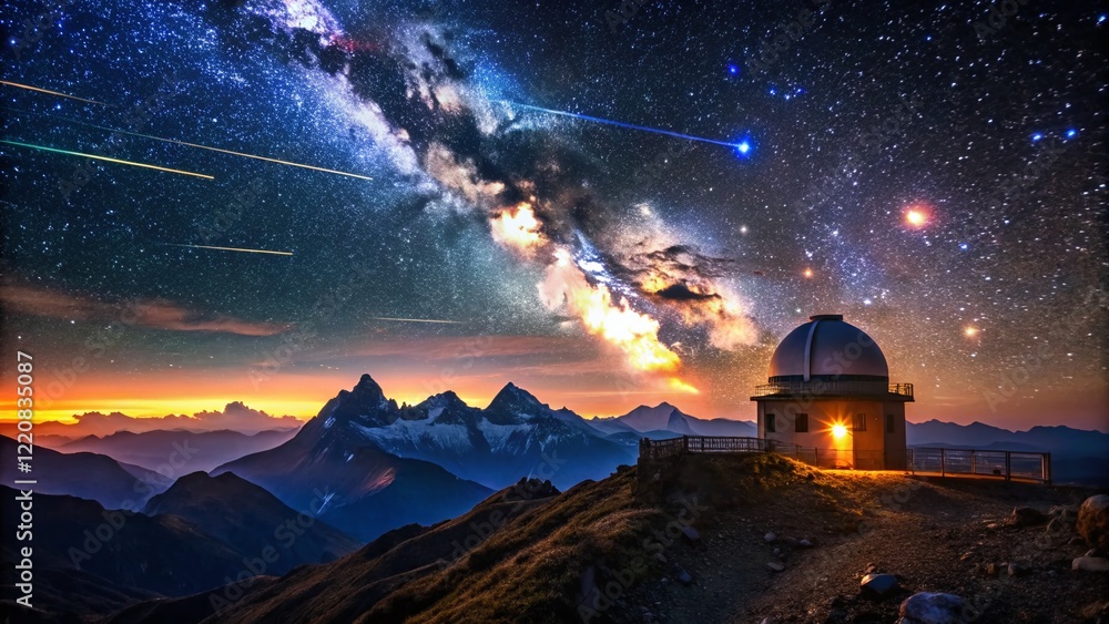 Majestic Meteor Shower over Mountain Observatory at Night - High-Resolution Stock Photo Majestic Meteor Shower over Mountain Observatory at Night - High-Resolution Stock Photo
