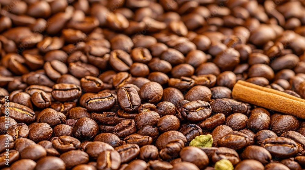 A close-up of Moroccan coffee beans with spices like cinnamon and cardamom, laid on a vibrant textile A close-up of Moroccan coffee beans with spices like cinnamon and cardamom, laid on a vibrant textile