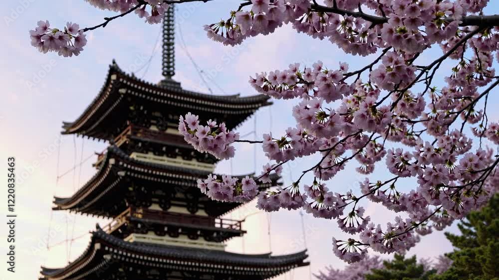 Cherry blossoms in full bloom against a historic pagoda during sunset in Japan Cherry blossoms in full bloom against a historic pagoda during sunset in Japan