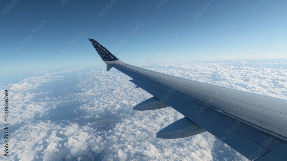 Obraz premium Airplane Wing Above Clouds with Clear Blue Sky Overlooking Beautiful Aerial Landscape During Flight
