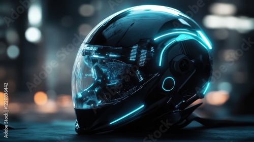 Futuristic motorcycle helmet design featuring blue neon lights and sleek glass finish in a modern urban environment photo