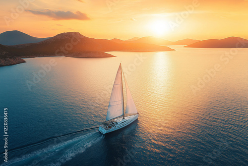 Fototapeta Naklejka Na Ścianę i Meble -  A lone sailboat gliding across a golden sunset sea