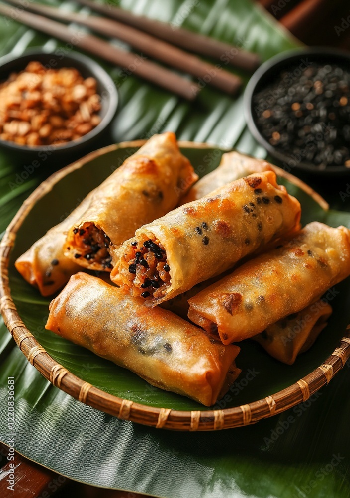 Indonesian traditional food, fried spring rolls made from bananas and black rice flour on a plate with a green tablecloth and a banana leaf background, product photography, food advertising. Indonesian traditional food, fried spring rolls made from bananas and black rice flour on a plate with a green tablecloth and a banana leaf background, product photography, food advertising.