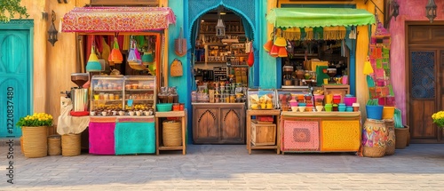 A traditional Moroccan festival with coffee stalls and colorful decorations