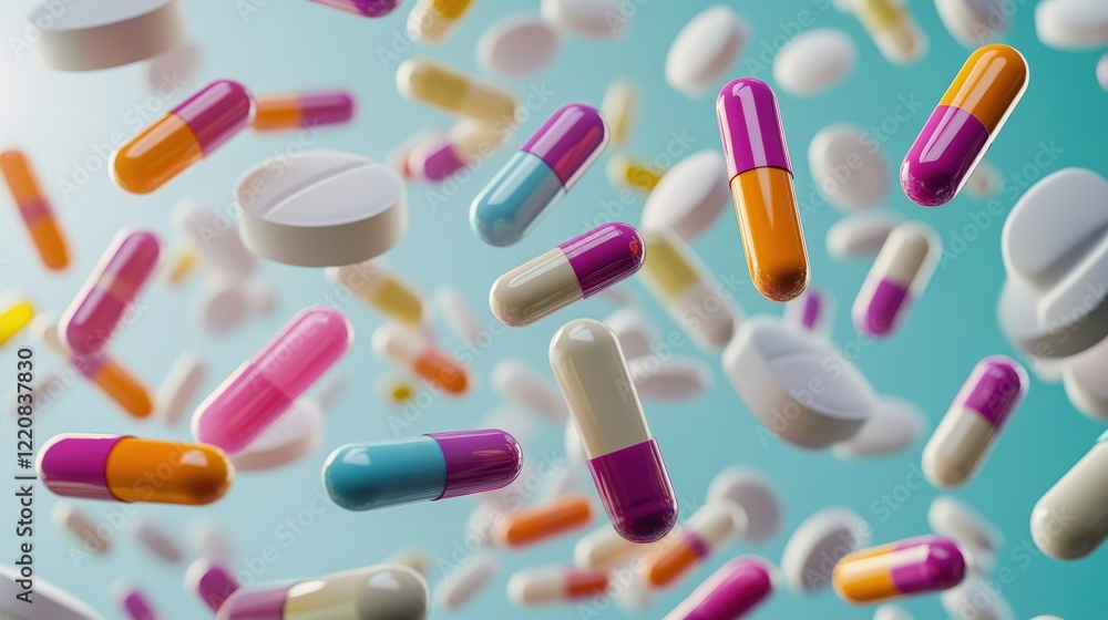 Multi-colored pills and capsules of drugs flying in all directions Multi-colored pills and capsules of drugs flying in all directions
