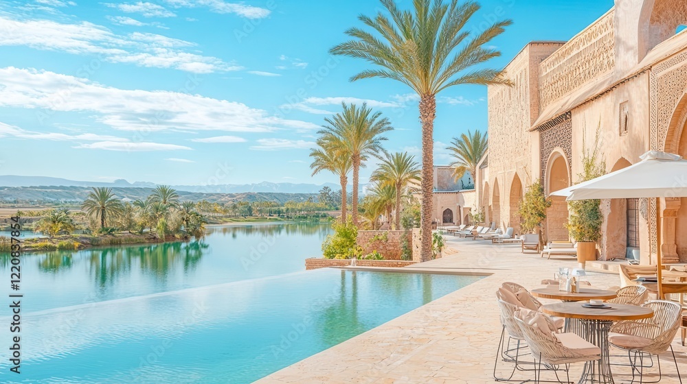 A tranquil Moroccan oasis with palm trees and coffee served by the water