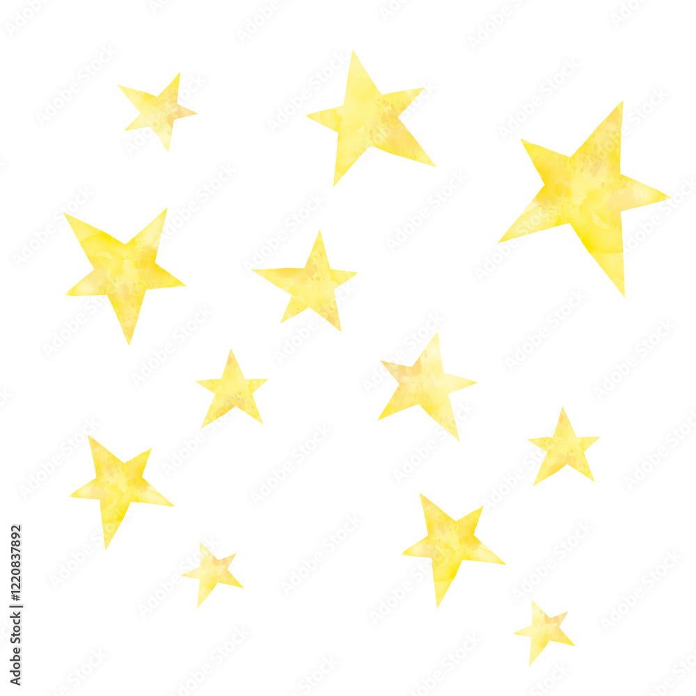 Obraz premium 大小さまざまな星の集まり手描き水彩イラスト