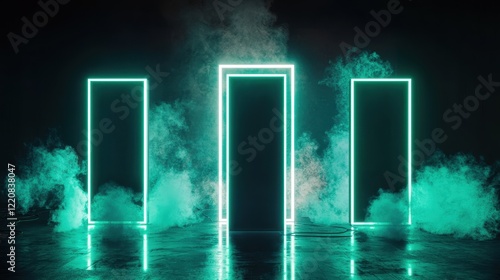 Futuristic Neon Doorway Surrounded Ethereal Mist Dark Space photo