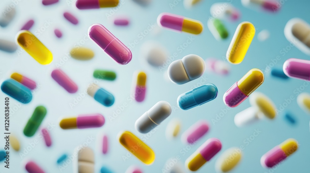 Multi-colored pills and capsules of drugs flying in all directions Multi-colored pills and capsules of drugs flying in all directions