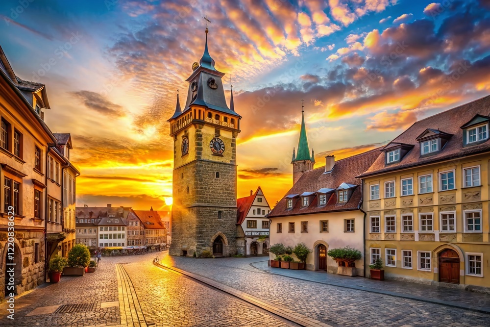 Fototapeta premium Majestic Old Town Tower at Sunrise, Rule of Thirds Composition