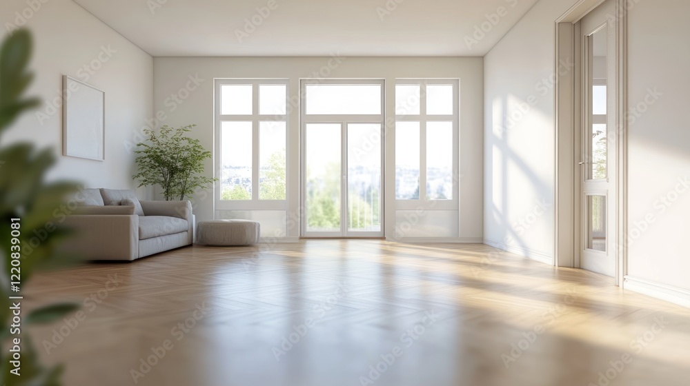 Fototapeta premium Bright Modern Living Room With Large Windows And Hardwood Floor