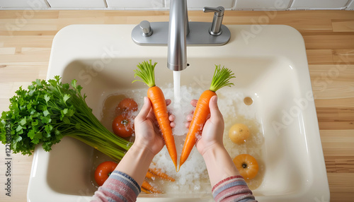 Healthy Food Preparation: Washing Fresh Carrots and Vegetables Under Running Water in a Kitchen Sink photo