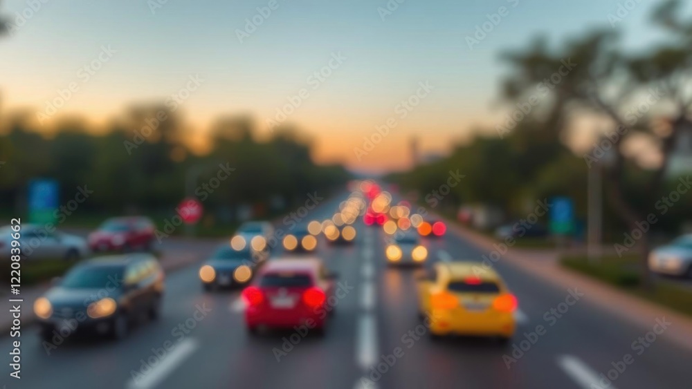 Blurred Sunset Traffic Scene: Evening Commute on a Suburban Road Blurred Sunset Traffic Scene: Evening Commute on a Suburban Road