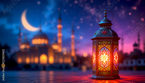 Radiant Ramadan: Islamic Lantern Illuminates with Blurred Mosque, Crescent Moon, and Star in the Night Sky photo