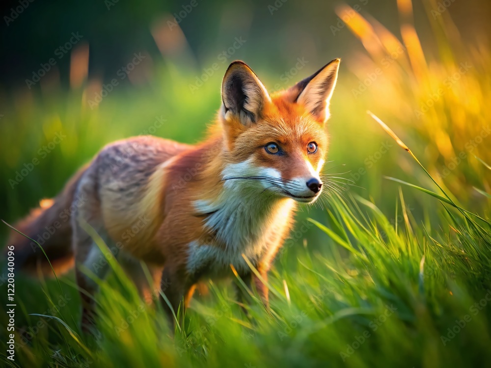 Fototapeta premium Majestic Red Fox in Vibrant Green Grass - Long Exposure Photography