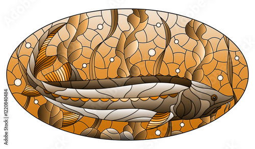 Illustration in stained glass style with bright abstract beluga fish on the background of algae, air bubbles and water, oval image, tone brown