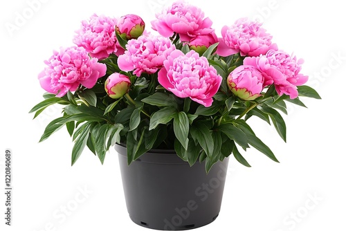 Wallpaper Mural Pink peonies in full bloom in a pot with green leaves and pretty pink flowers. standing on a white background Torontodigital.ca