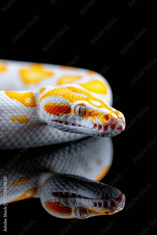 Obraz premium Albino Snake on Black Background: A close-up of an albino Burmese python coiled elegantly on a glossy black surface. Reptile. Wildlife. Snakes.