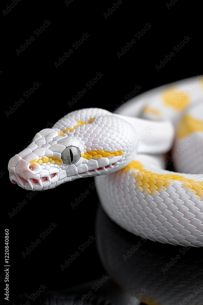 Fototapeta premium Albino Snake on Black Background: A close-up of an albino Burmese python coiled elegantly on a glossy black surface. Reptile. Wildlife. Snakes.