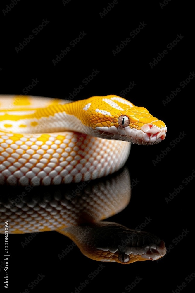 Obraz premium Albino Snake on Black Background: A close-up of an albino Burmese python coiled elegantly on a glossy black surface. Reptile. Wildlife. Snakes.