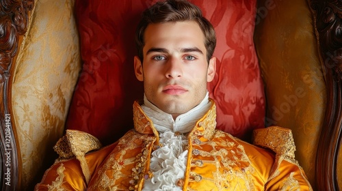 Elegant Young Man in Historical Costume Reclining in Luxurious Setting photo