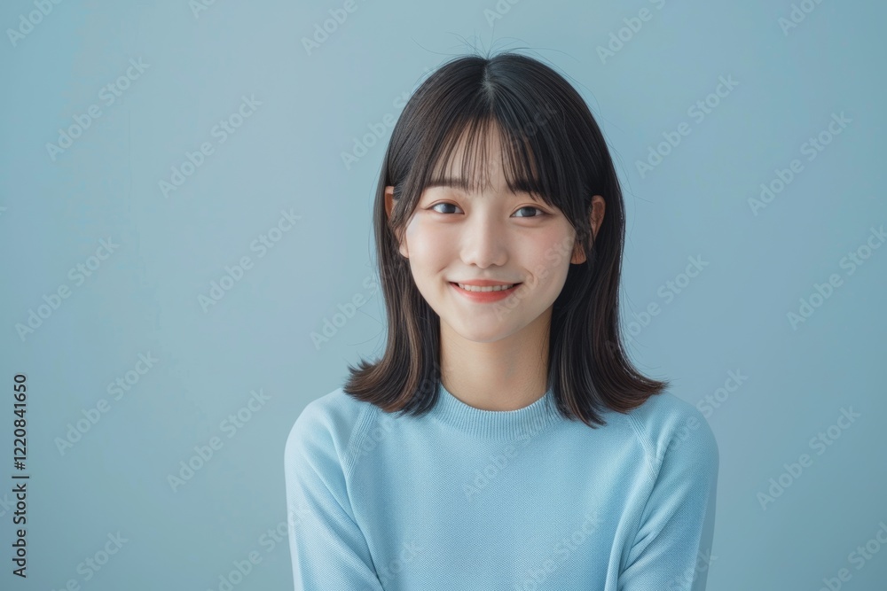 soft features long hair, smiles gently woman while wearing blue shirt against simple plain background. Her relaxed posture calm expression convey sense of ease natural beauty. soft features long hair, smiles gently woman while wearing blue shirt against simple plain background. Her relaxed posture calm expression convey sense of ease natural beauty.