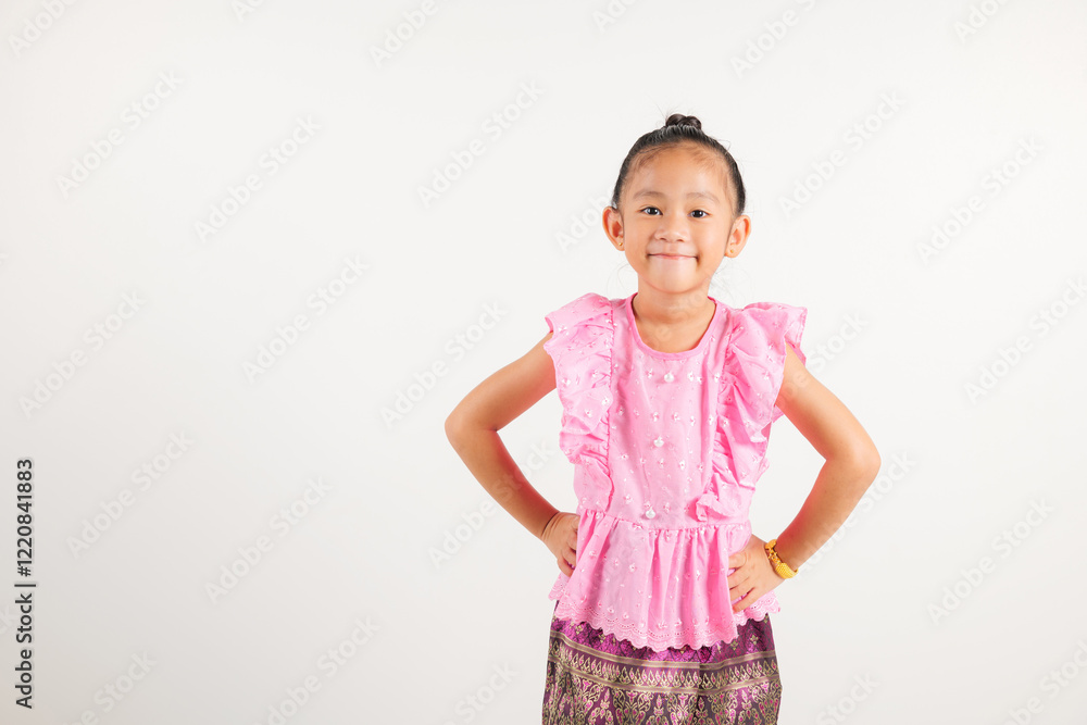 Portrait of Thailand kid girl smiling traditional Thai dress costume stand akimbo gesture in studio shot isolated white background, Happy kindergarten child standing on waist support Portrait of Thailand kid girl smiling traditional Thai dress costume stand akimbo gesture in studio shot isolated white background, Happy kindergarten child standing on waist support