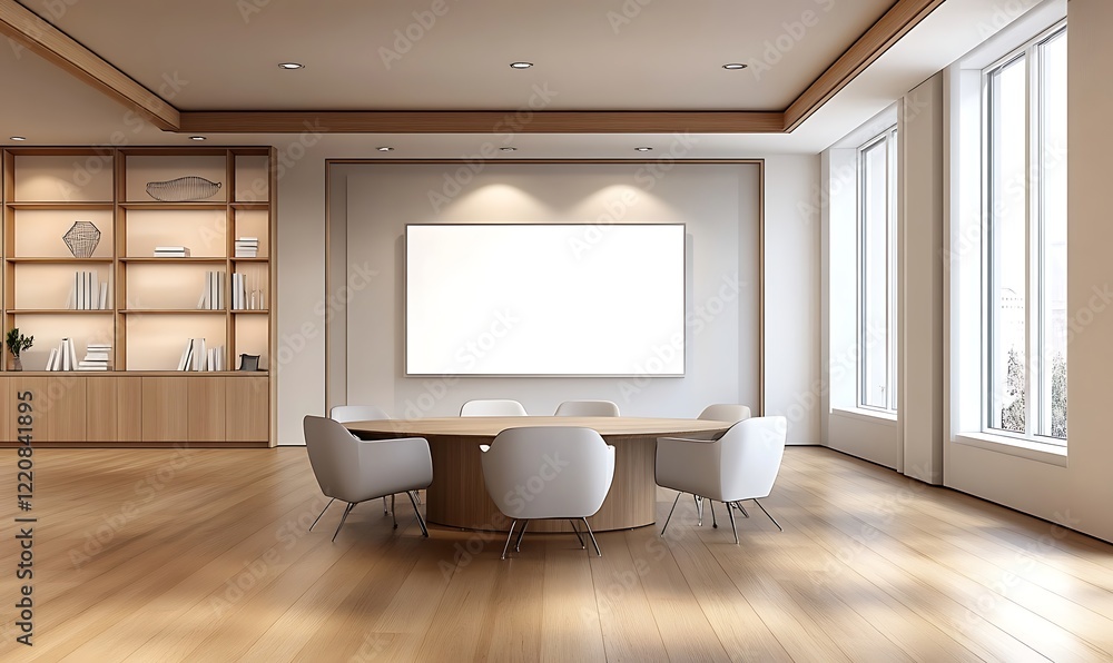 Outside View Of Empty Meeting Room With Table And Office Chairs. Outside View Of Empty Meeting Room With Table And Office Chairs.