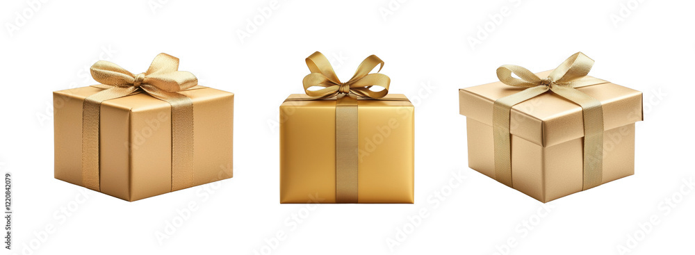 Elegant golden gift boxes with ribbons on a black background Elegant golden gift boxes with ribbons on a black background