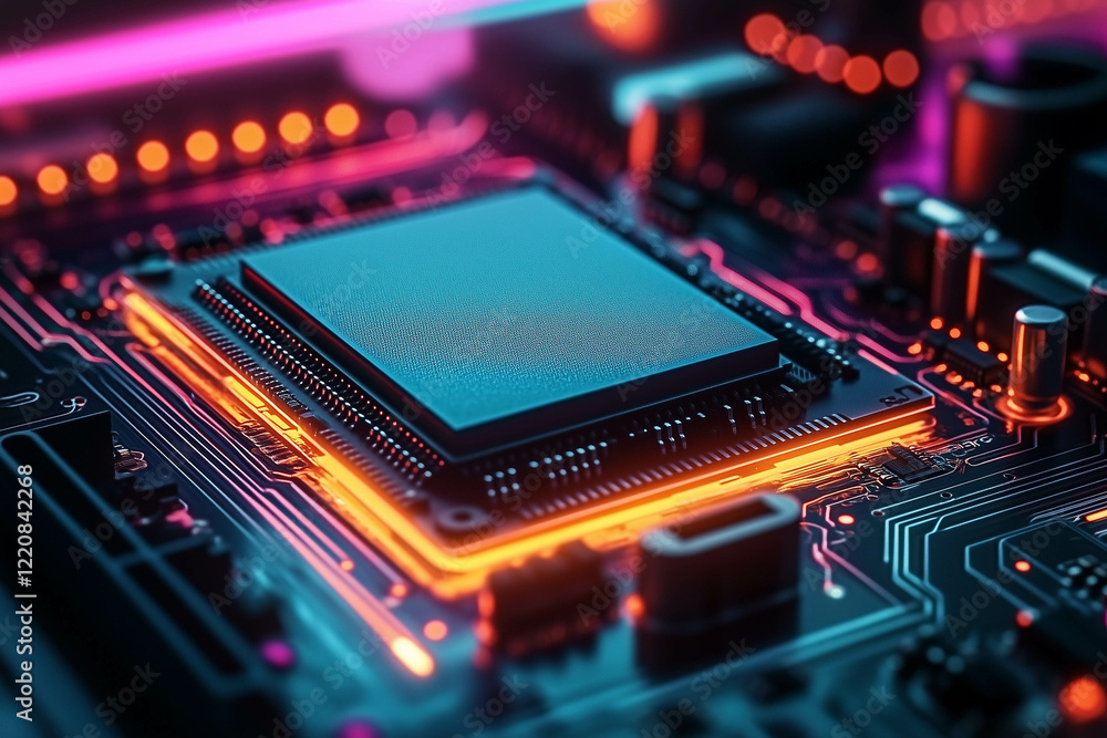 A high-tech black and teal computer chip sits atop an electronic circuit board A high-tech black and teal computer chip sits atop an electronic circuit board