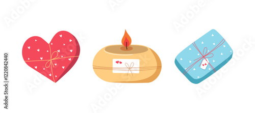 Gift box in the shape of a heart. Burning candle, gifts, hearts. Wax cozy candle with flame, fire. Valentine's Day. Romantic elements for the holiday, decor decor, coziness.
