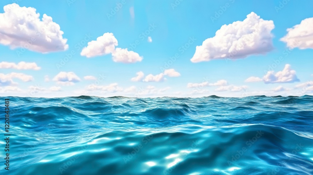 Tranquil Blue Ocean with Gentle Waves and Fluffy Clouds Above Tranquil Blue Ocean with Gentle Waves and Fluffy Clouds Above