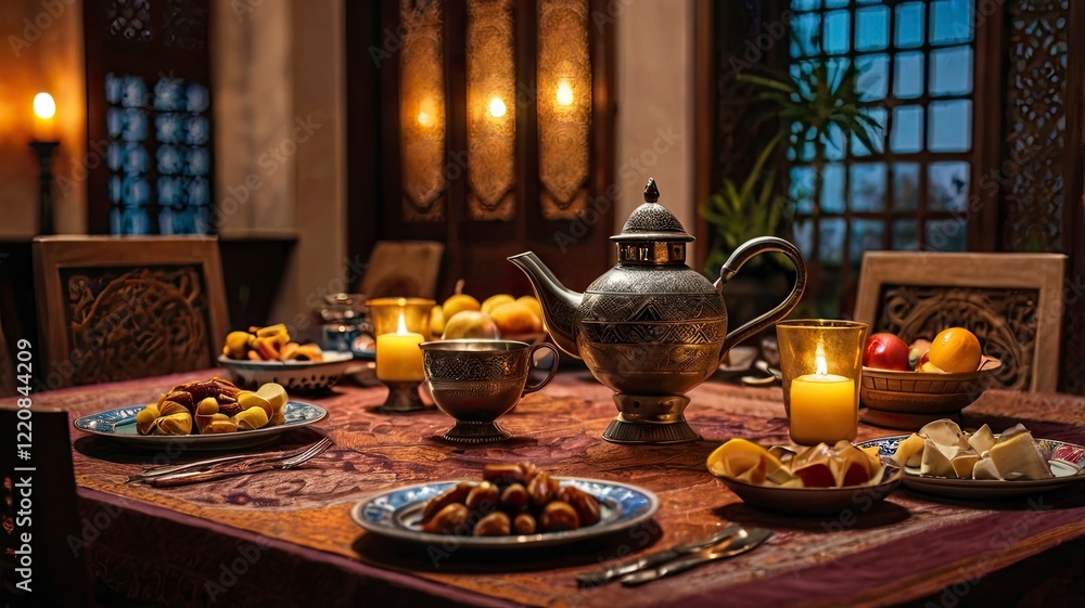 A beautiful table setting for an Iftar meal, featuring traditional dishes, dates, fruits, and a teapot with cups. The warm A beautiful table setting for an Iftar meal, featuring traditional dishes, dates, fruits, and a teapot with cups. The warm