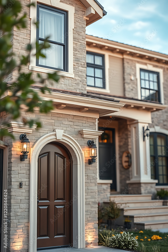 Luxury Home Exterior: Modern Stone Architecture and Elegant Design. Discover the stunning facade, grand entrance, and beautiful details of this dream house. Luxury Home Exterior: Modern Stone Architecture and Elegant Design. Discover the stunning facade, grand entrance, and beautiful details of this dream house.