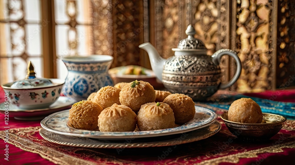 Fototapeta premium A close-up of a plate of beautifully arranged Eid desserts, such as maamoul, baklava, and coconut balls, with a teapot and decorative lanterns in the background. The setting is bright and inviting
