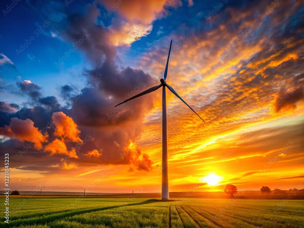 Obraz premium Majestic Wind Turbine Silhouette at Sunset, Wide Open Field Energy