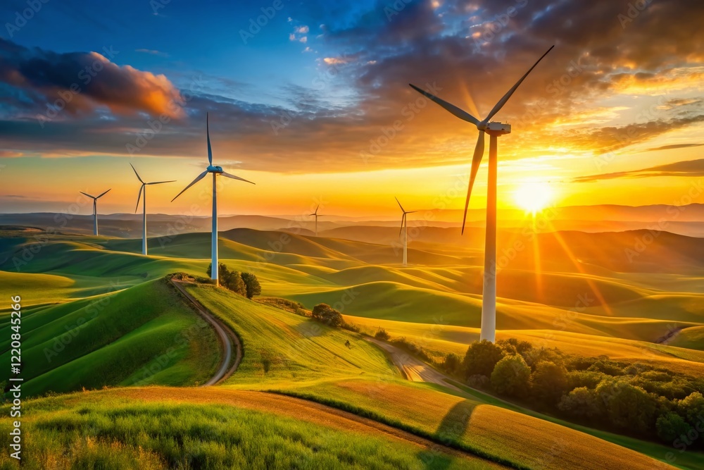 Obraz premium Majestic Wind Turbines on a Hilltop at Sunset