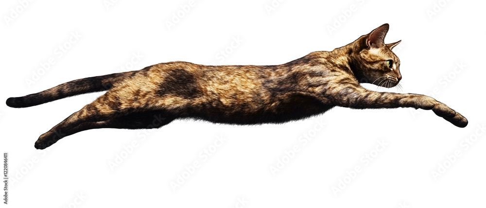 A playful shorthair cat mid-jump with its body extended and fur details visible. Isolated on White Background, clipping path - A playful shorthair cat mid-jump with its body extended and fur details visible. Isolated on White Background, clipping path -