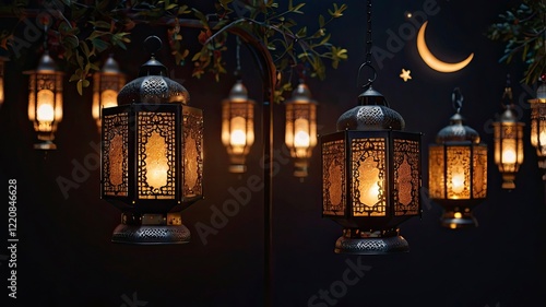 A collection of ornate lanterns (fanous) glowing with warm light, surrounded by crescent moon and star decorations. The backdrop is dark, creating a festive yet peaceful Ramadan ambiance