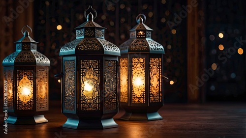 A collection of ornate lanterns (fanous) glowing with warm light, surrounded by crescent moon and star decorations. The backdrop is dark, creating a festive yet peaceful Ramadan ambiance